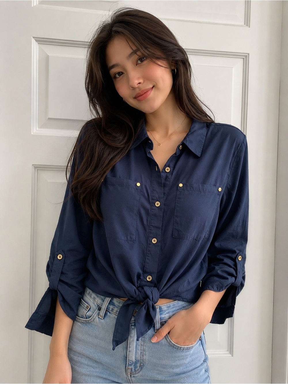 Michael Kors Navy Button-Front Tie-Hem Shirt